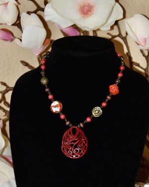 Vintage Robert Rose Chinese Brass Cloisonné Cinnabar Statement Necklace
